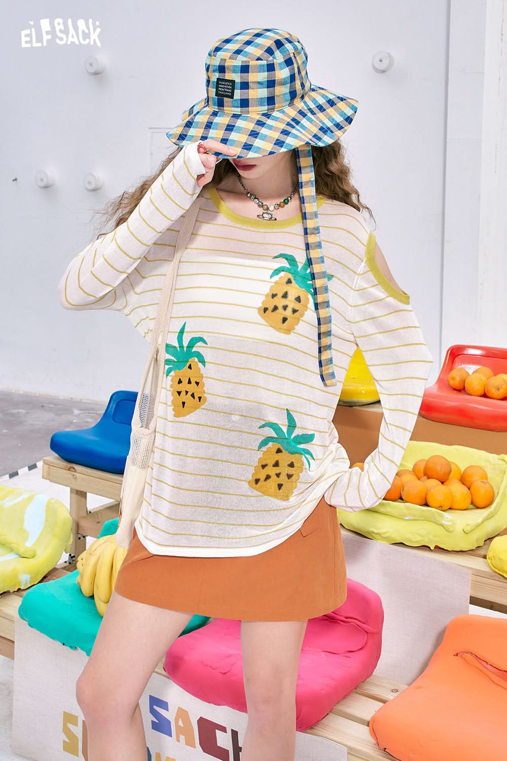 ELFSACK Fresh ice silk off-shoulder loose lazy casual slim knitted sweater