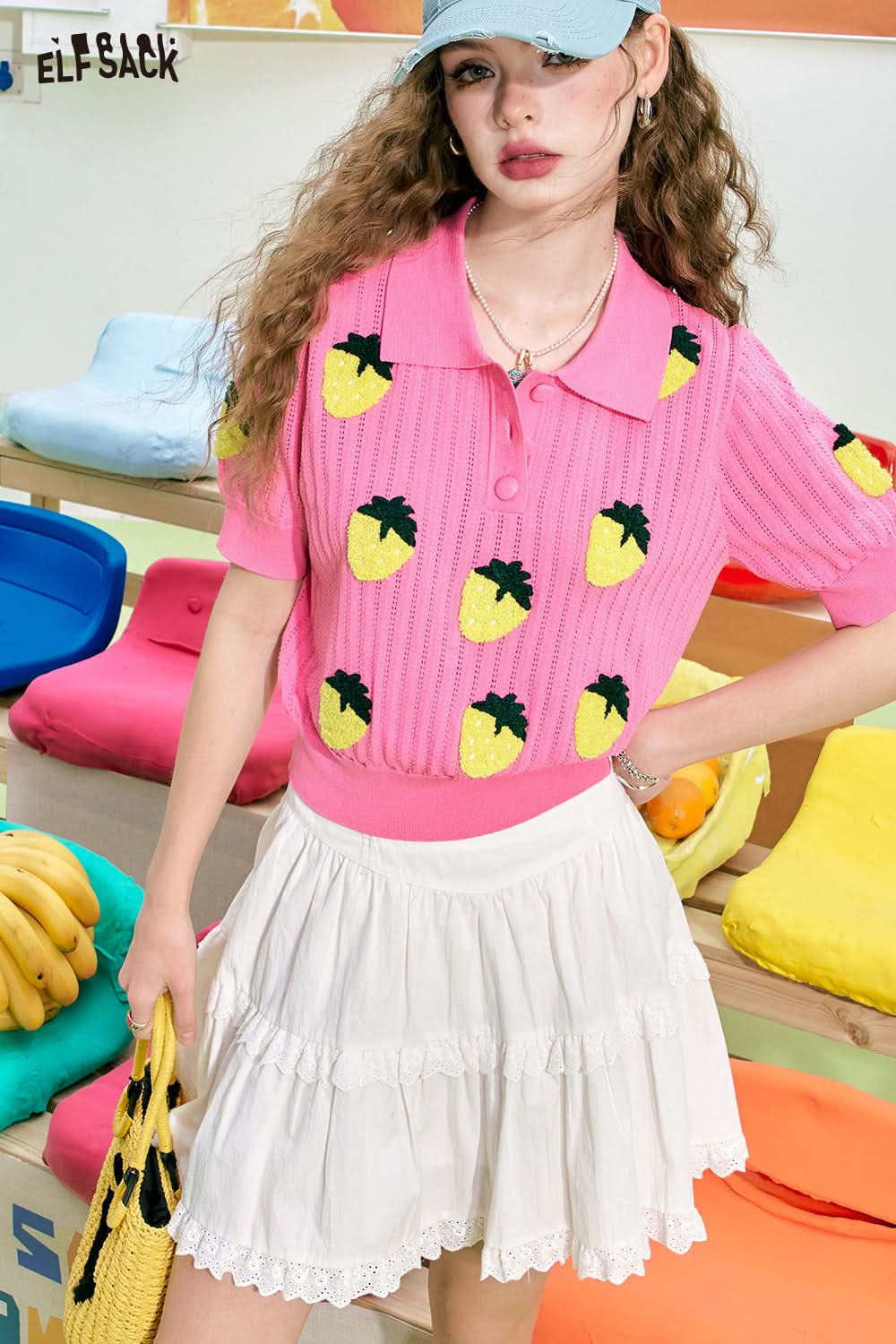 ELFSACK Three-dimensional strawberry pink Polo collar casual versatile cute style short-sleeved knitted sweater