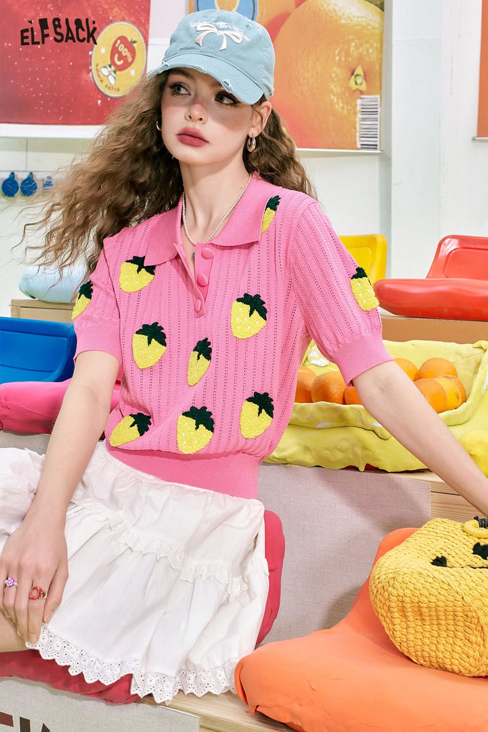 ELFSACK Three-dimensional strawberry pink Polo collar casual versatile cute style short-sleeved knitted sweater