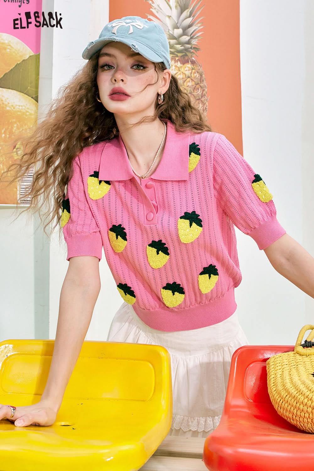 ELFSACK Three-dimensional strawberry pink Polo collar casual versatile cute style short-sleeved knitted sweater