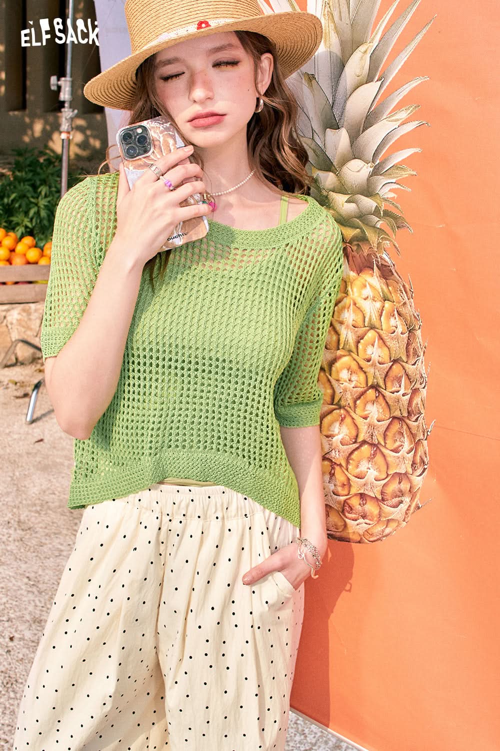 ELFSACK Pink translucent suspender sweater two-piece set casual all-match hollow blouse