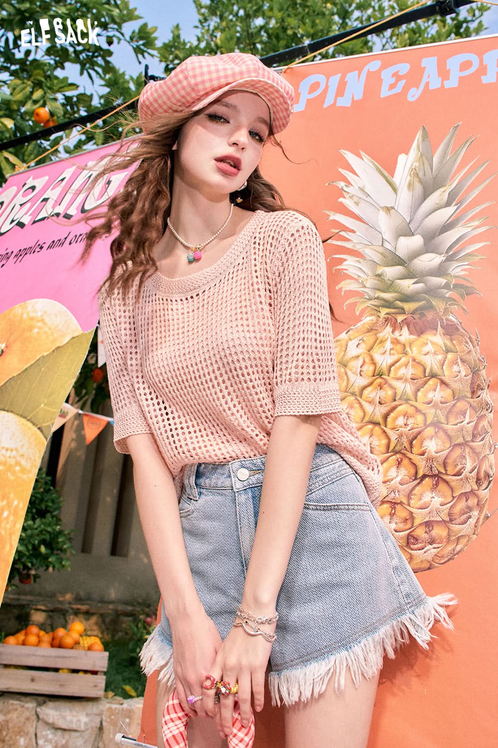 ELFSACK Pink translucent suspender sweater two-piece set casual all-match hollow blouse