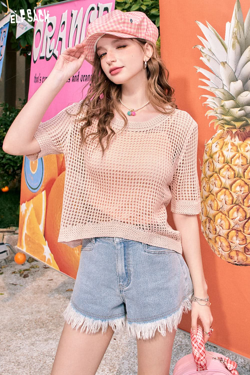 ELFSACK Pink translucent suspender sweater two-piece set casual all-match hollow blouse