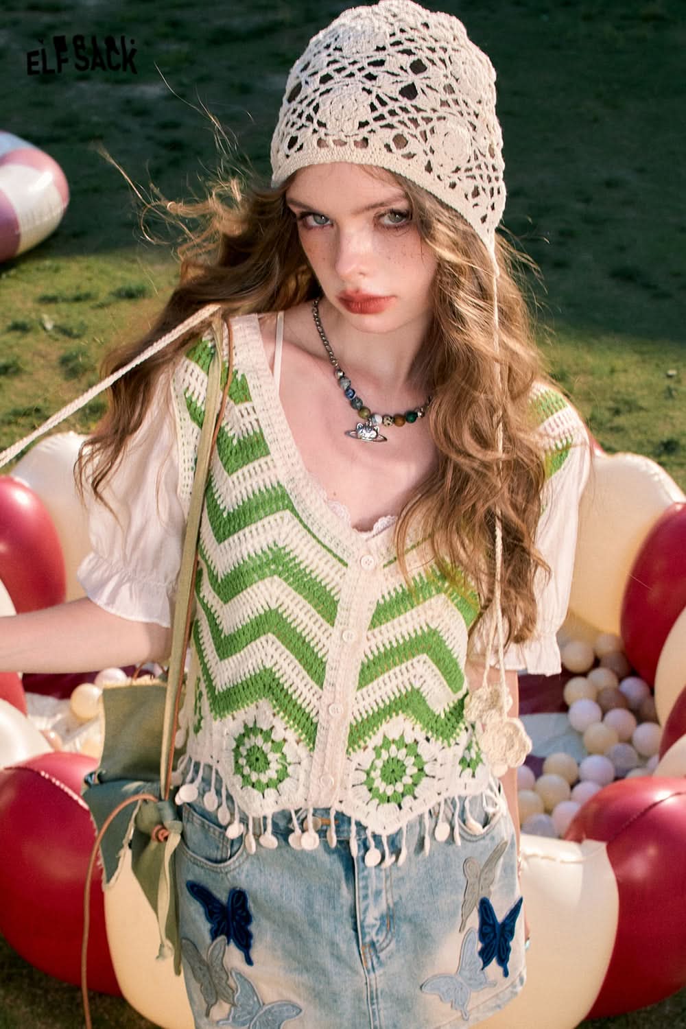 ELFSACK Dopamine Cardigan Tassel Hollow Striped Short Sleeve Knitted Sweater