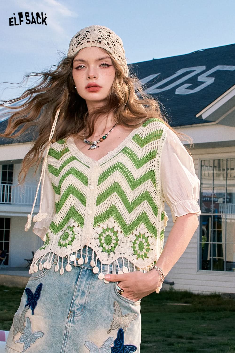 ELFSACK Dopamine Cardigan Tassel Hollow Striped Short Sleeve Knitted Sweater