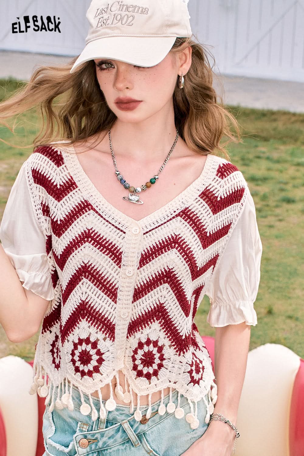 ELFSACK Dopamine Cardigan Tassel Hollow Striped Short Sleeve Knitted Sweater