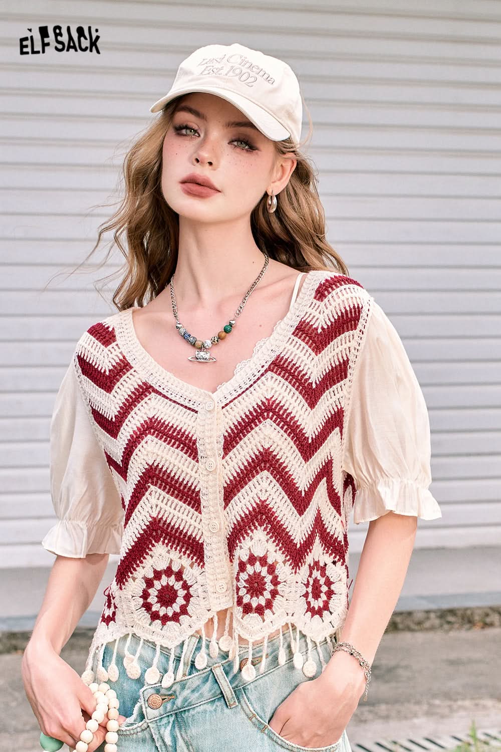 ELFSACK Dopamine Cardigan Tassel Hollow Striped Short Sleeve Knitted Sweater