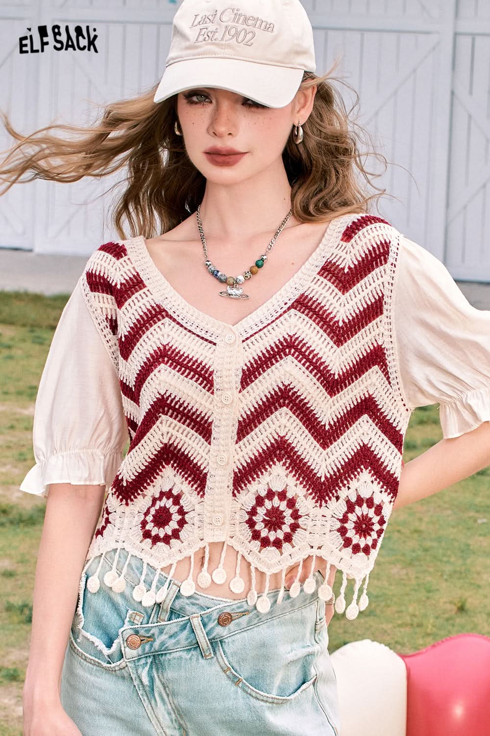 ELFSACK Dopamine Cardigan Tassel Hollow Striped Short Sleeve Knitted Sweater