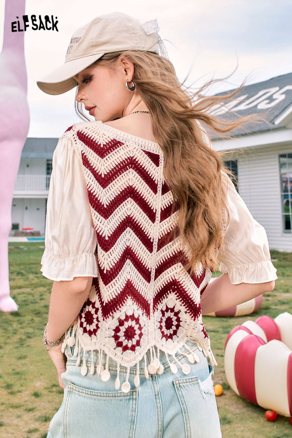 ELFSACK Dopamine Cardigan Tassel Hollow Striped Short Sleeve Knitted Sweater