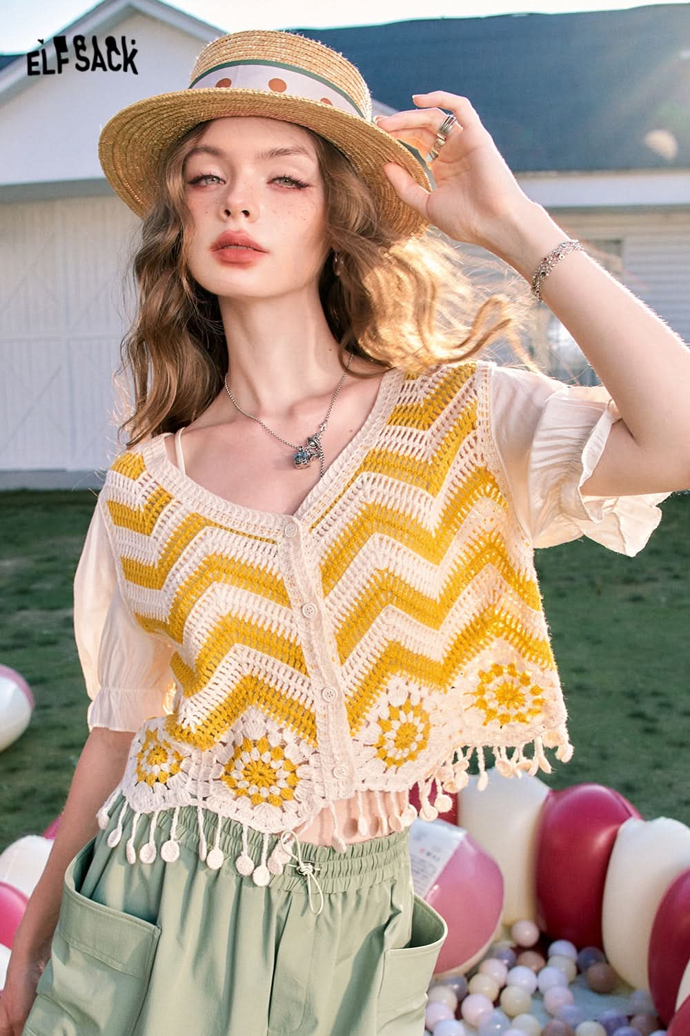 ELFSACK Dopamine Cardigan Tassel Hollow Striped Short Sleeve Knitted Sweater