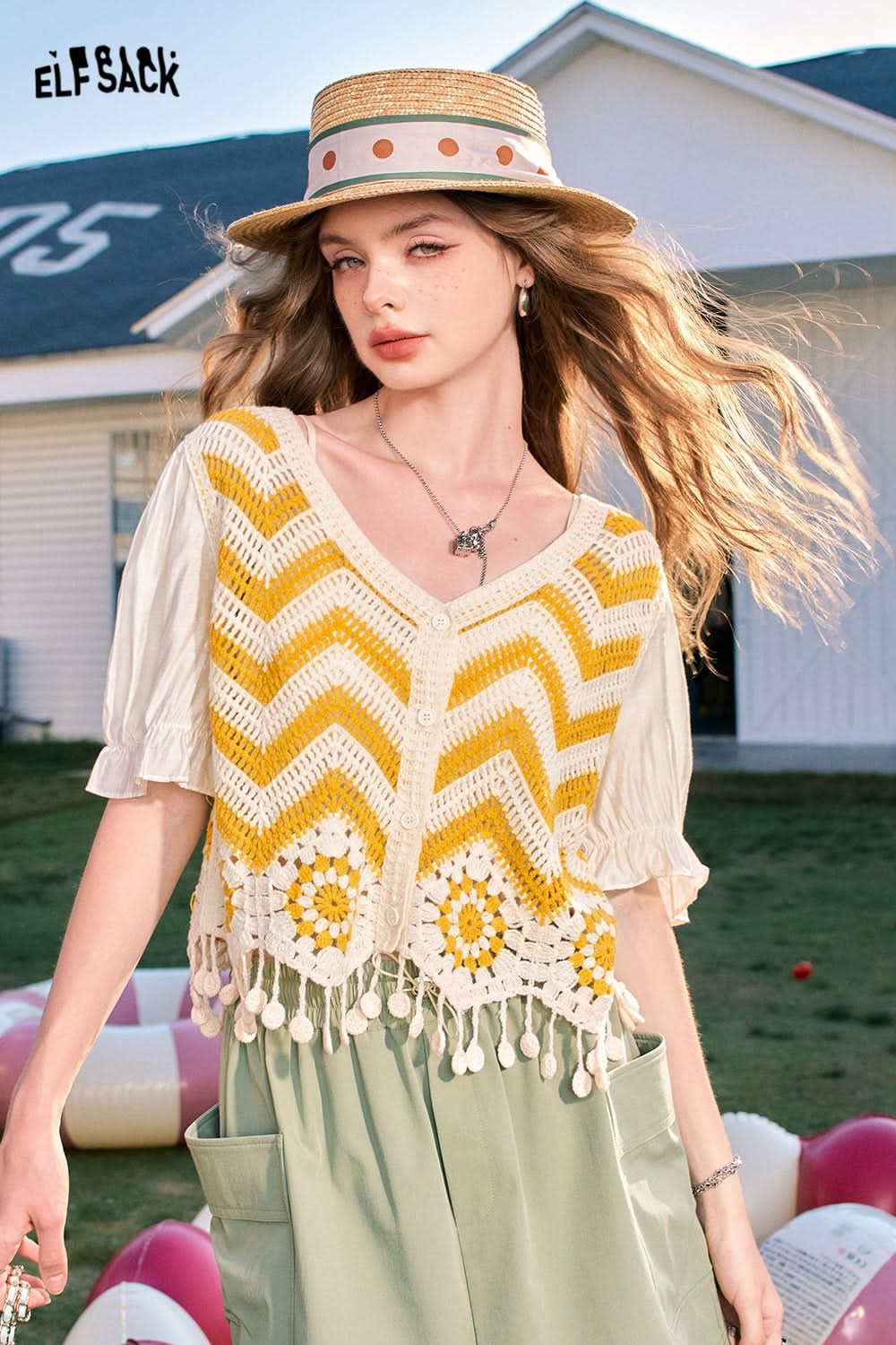 ELFSACK Dopamine Cardigan Tassel Hollow Striped Short Sleeve Knitted Sweater