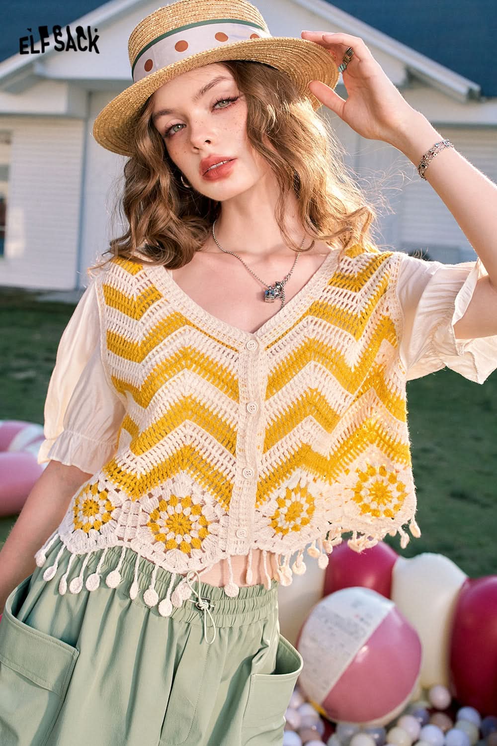 ELFSACK Dopamine Cardigan Tassel Hollow Striped Short Sleeve Knitted Sweater