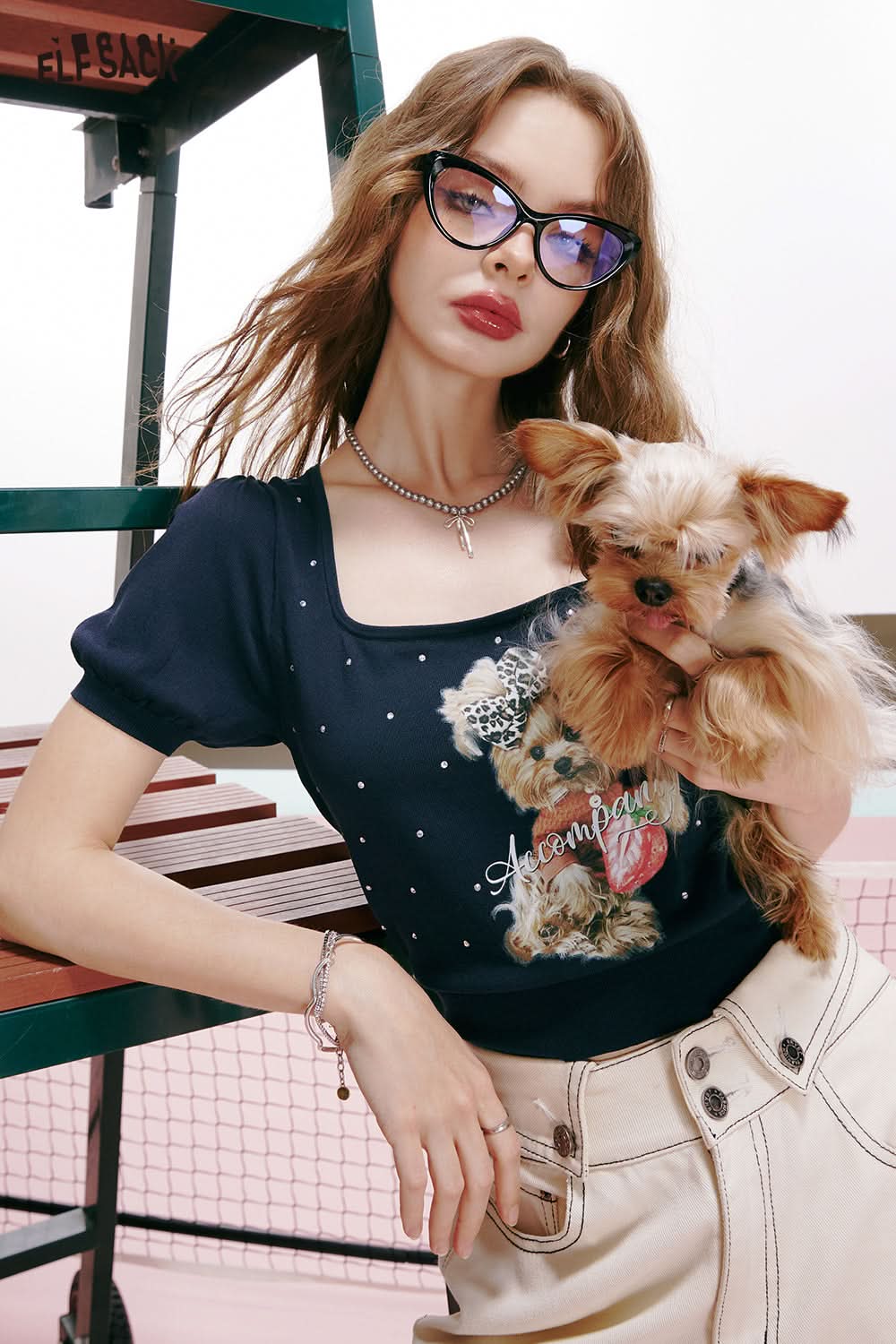 ELFSACK Puff Sleeve Puppy Print Square Neck Sweet Versatile Thin Short Sleeve Knit Cardigan