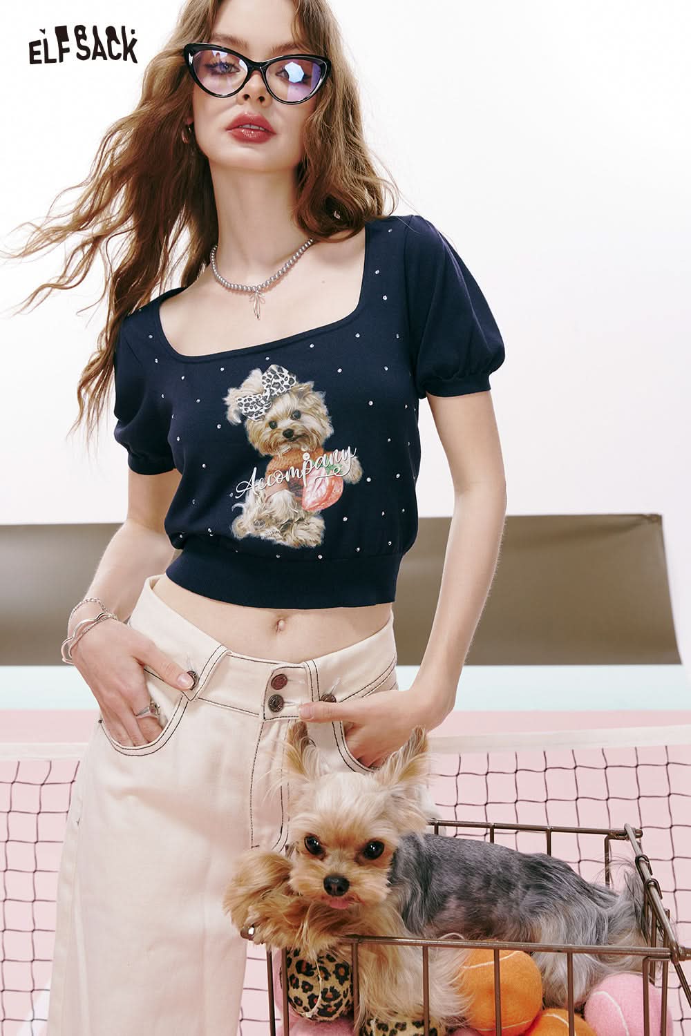 ELFSACK Puff Sleeve Puppy Print Square Neck Sweet Versatile Thin Short Sleeve Knit Cardigan