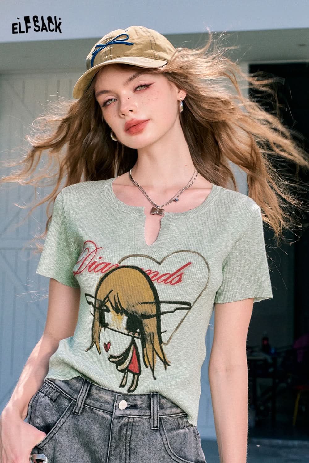 ELFSACK V-neck printed green slim fit thin sexy slim all-match short-sleeved knitted sweater