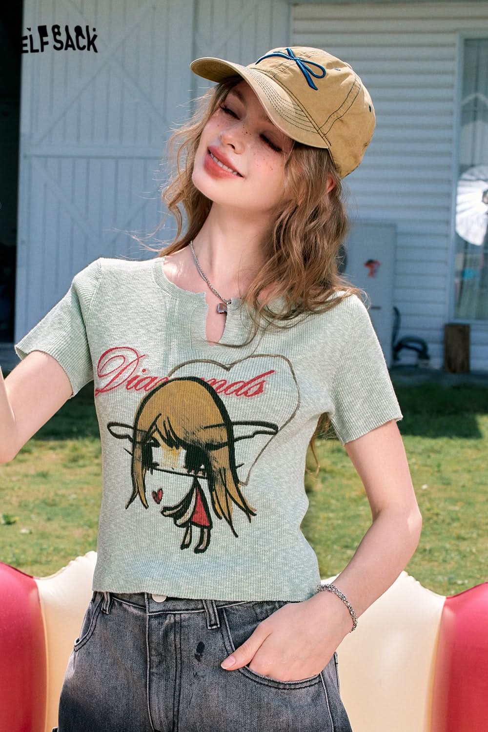 ELFSACK V-neck printed green slim fit thin sexy slim all-match short-sleeved knitted sweater