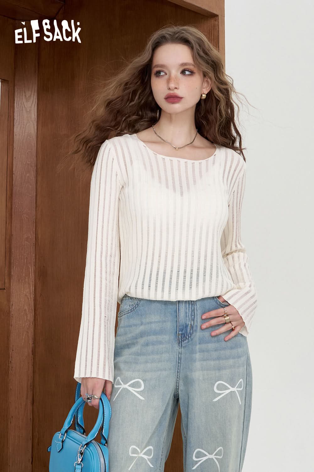 ELFSACK Casual vertical striped knitted sweater, lightweight and loose cover shirt, slimming top