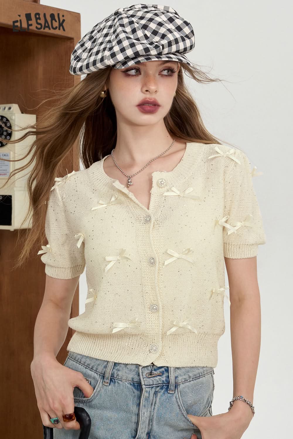 ELFSACK Bow decoration knitted sweater, short top