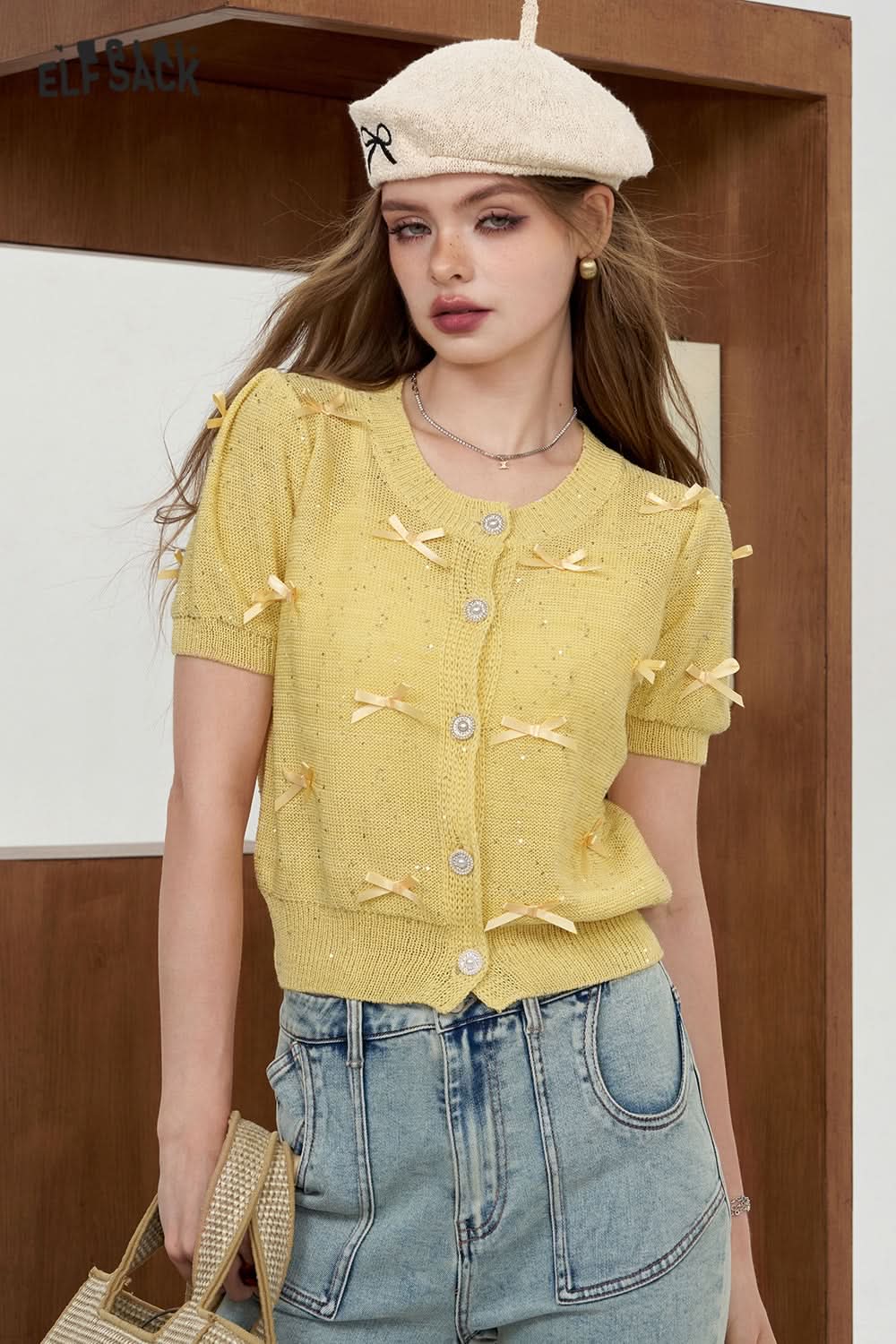 ELFSACK Bow decoration knitted sweater, short top