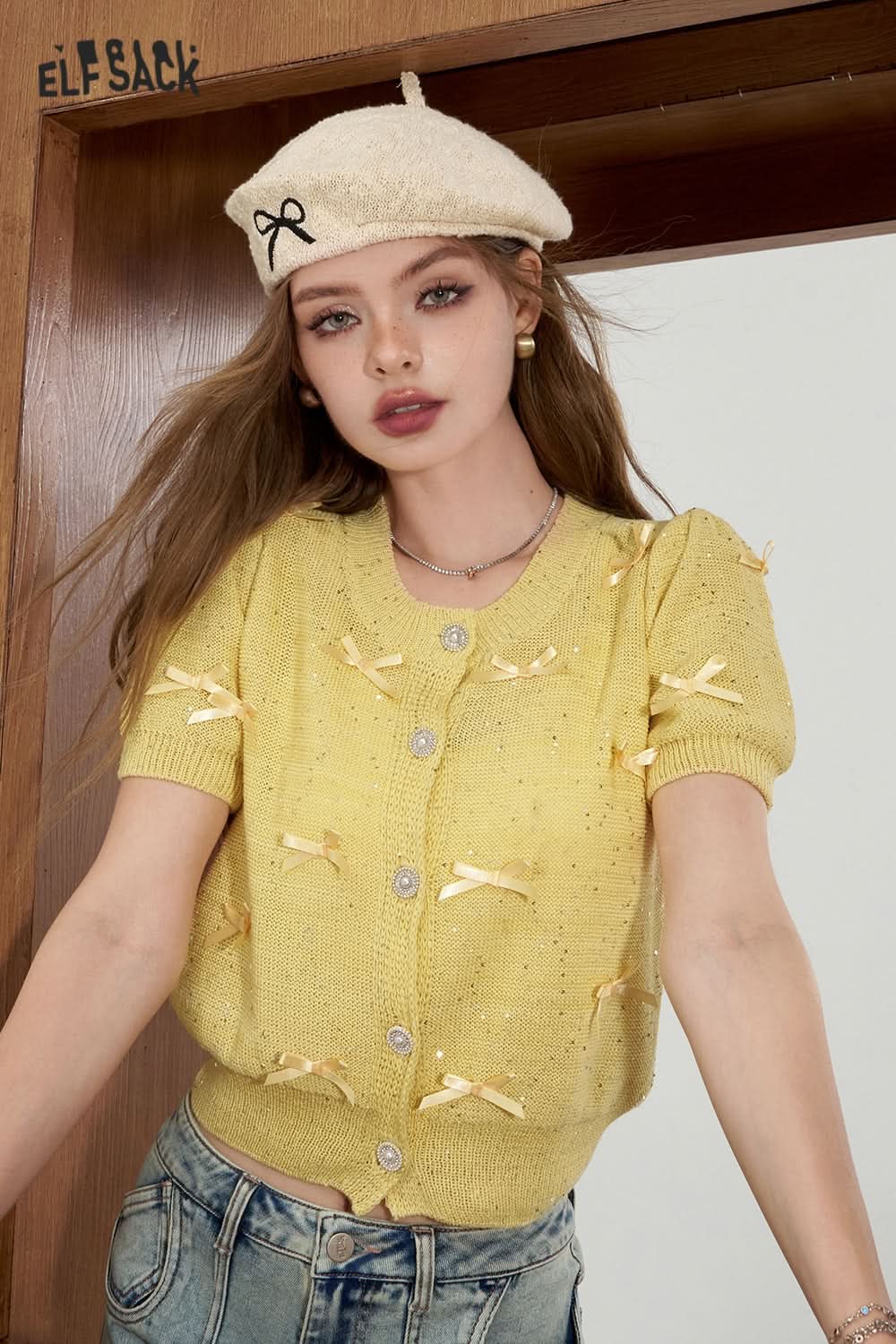 ELFSACK Bow decoration knitted sweater, short top