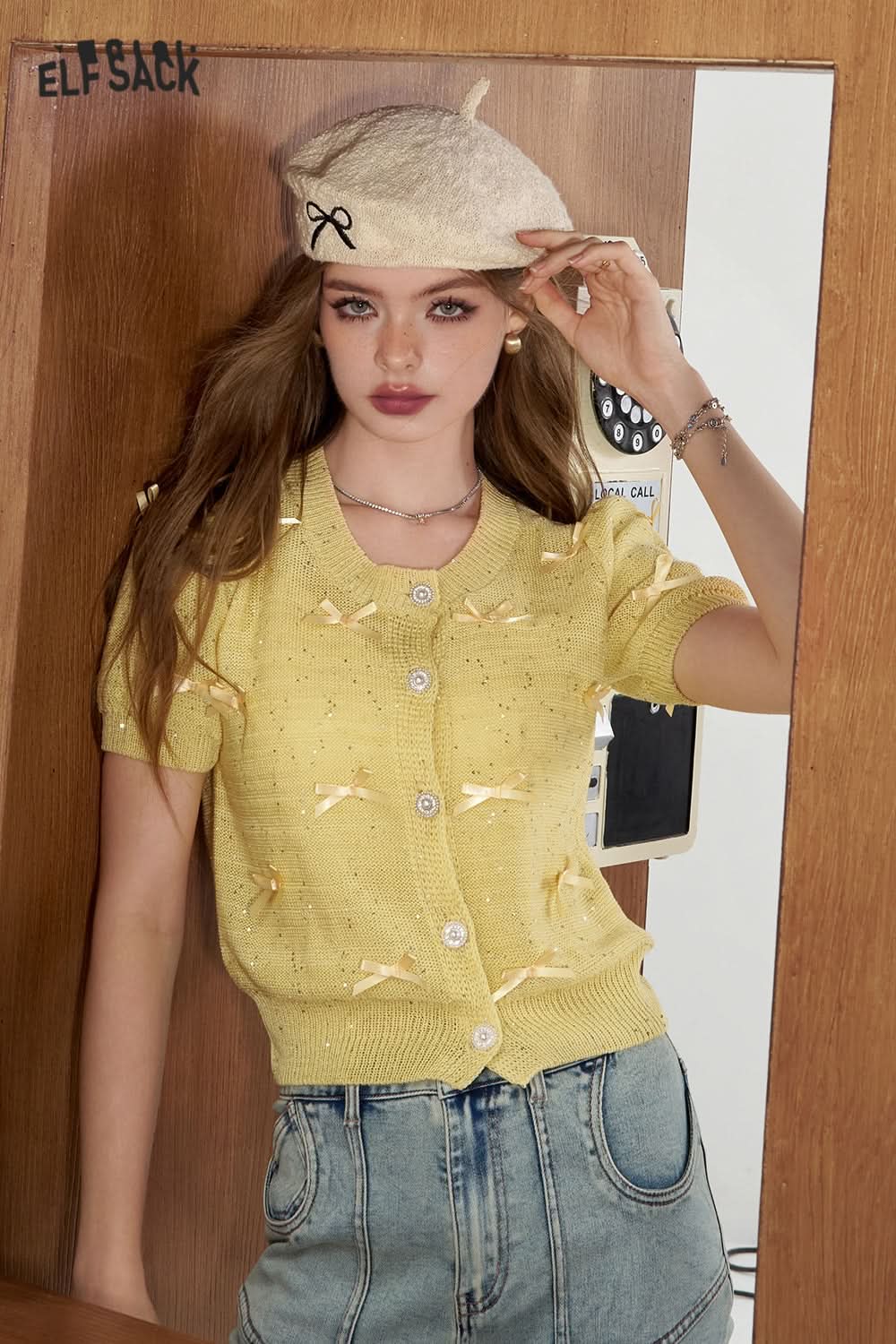 ELFSACK Bow decoration knitted sweater, short top