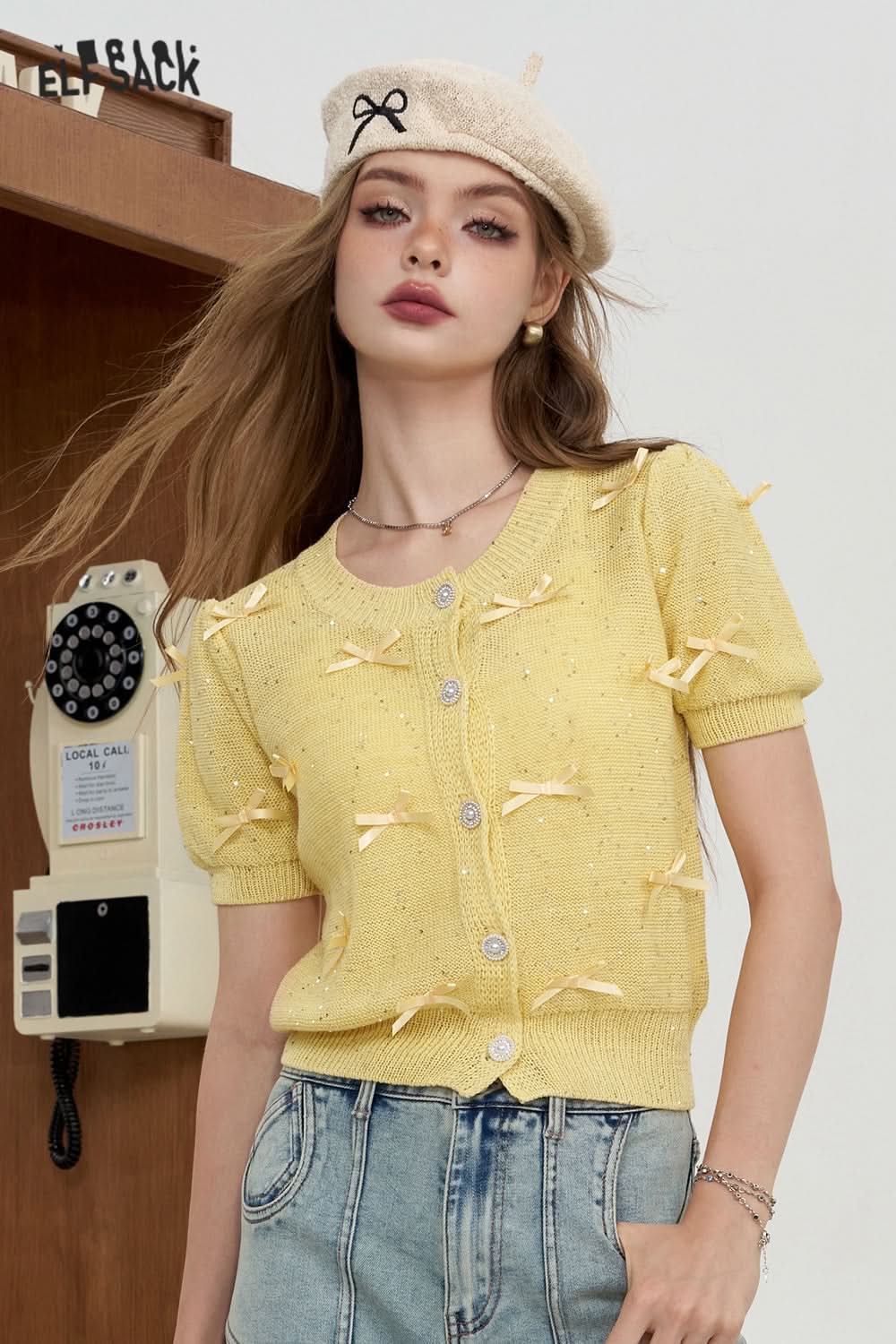 ELFSACK Bow decoration knitted sweater, short top