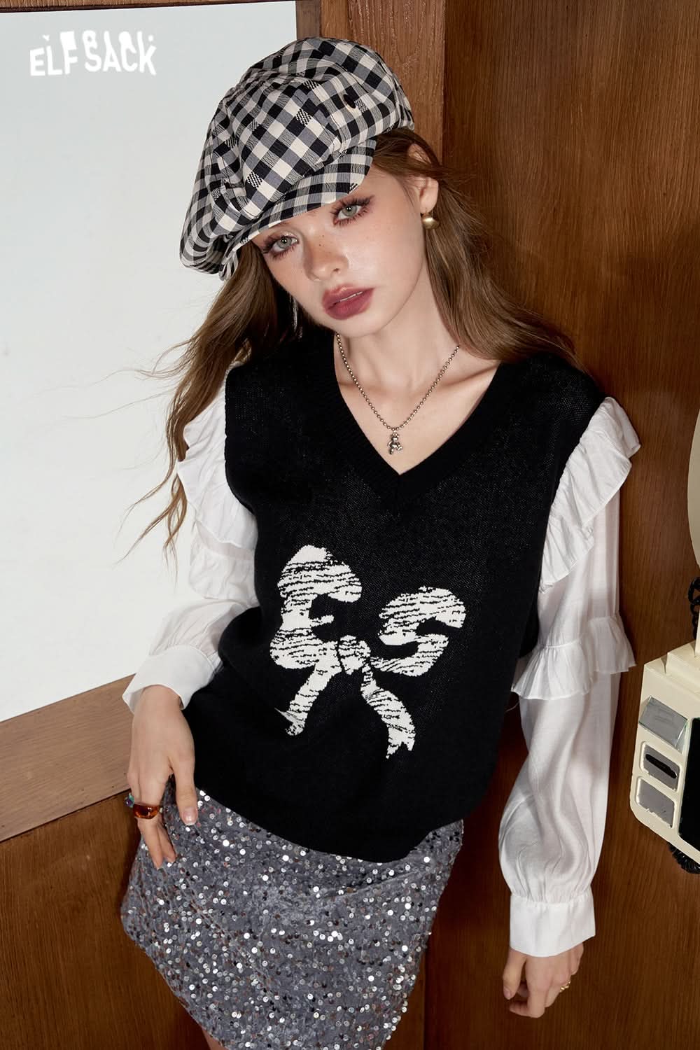 ELFSACK Pink patchwork bow knit sweater stringy selvedge top