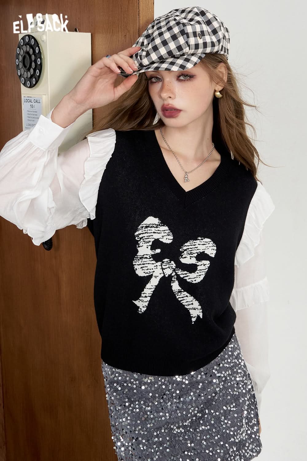 ELFSACK Pink patchwork bow knit sweater stringy selvedge top