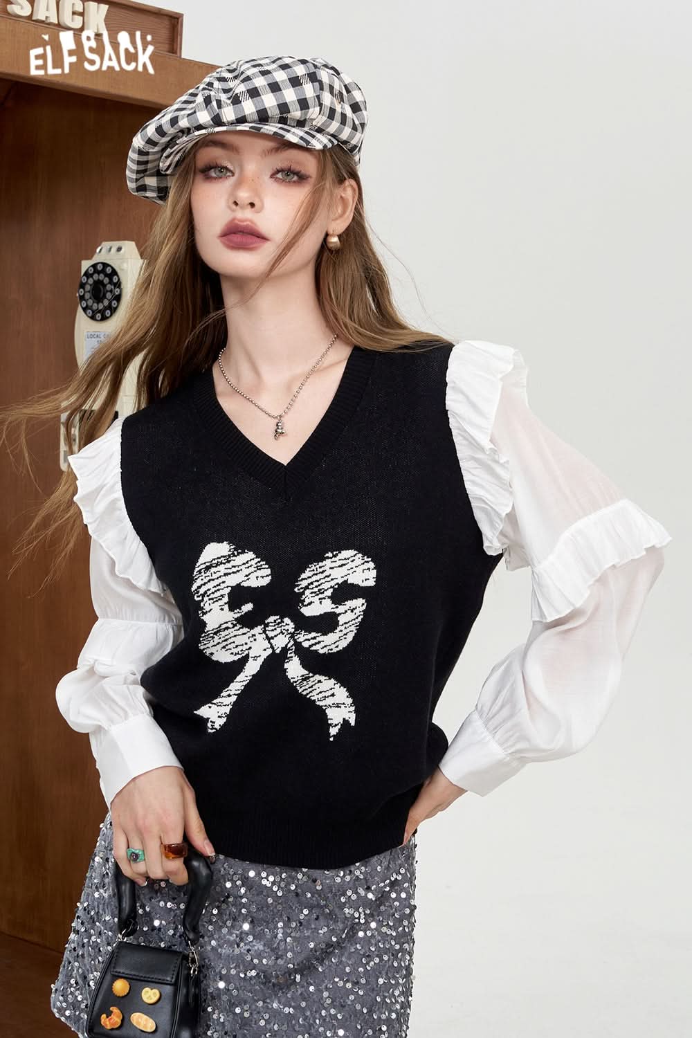 ELFSACK Pink patchwork bow knit sweater stringy selvedge top