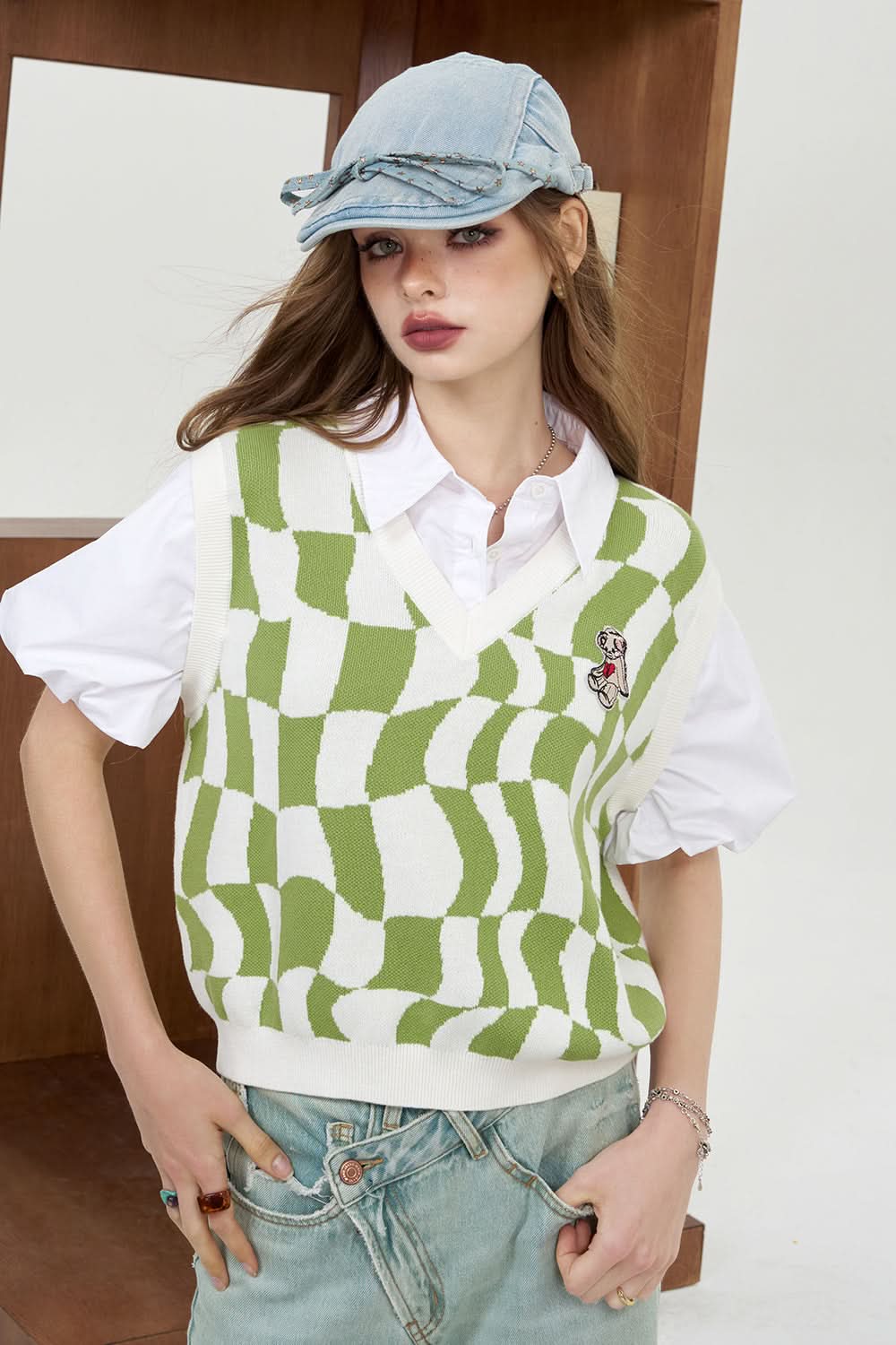 ELFSACK Fake two piece shirt patchwork plaid knit sweater's college style top