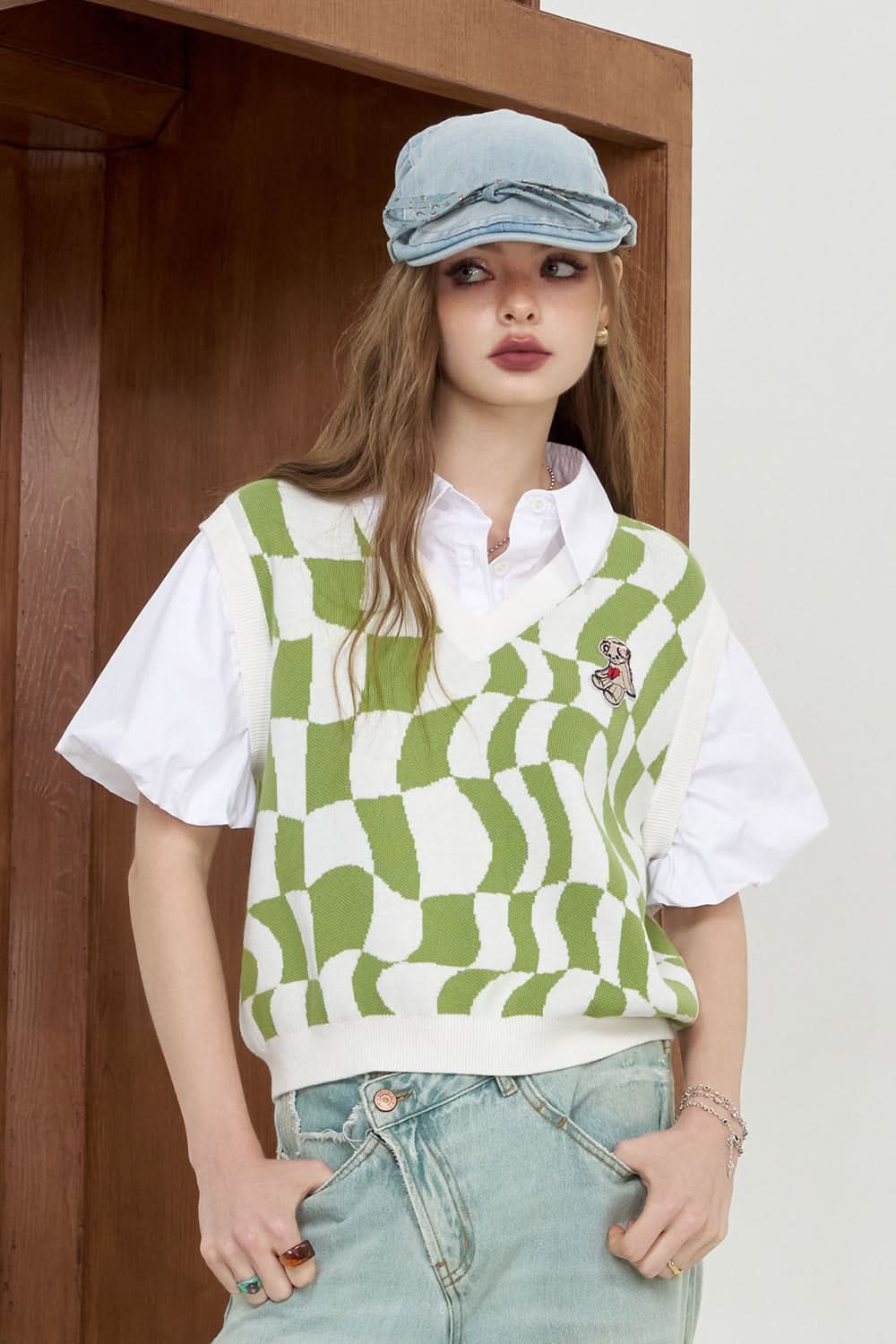 ELFSACK Fake two piece shirt patchwork plaid knit sweater's college style top