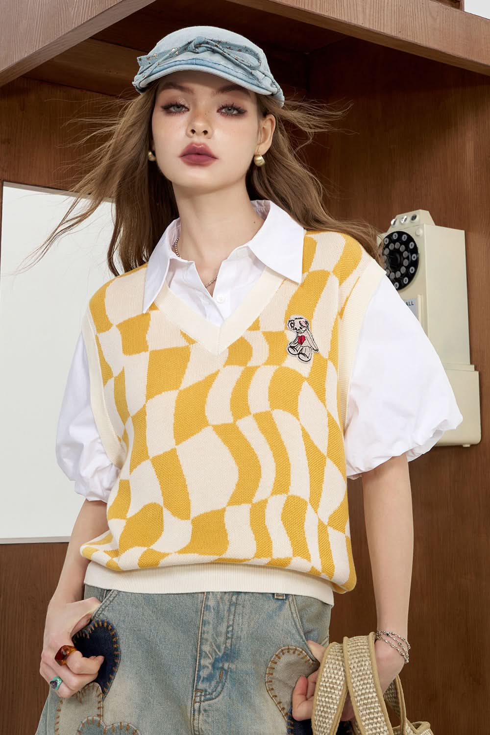 ELFSACK Fake two piece shirt patchwork plaid knit sweater's college style top