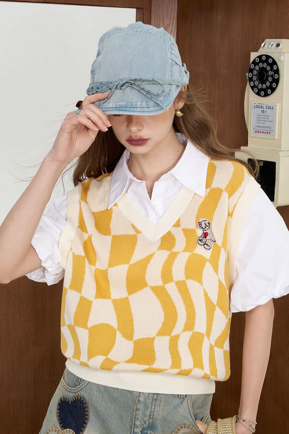 ELFSACK Fake two piece shirt patchwork plaid knit sweater's college style top