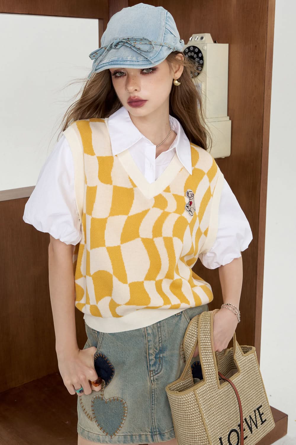 ELFSACK Fake two piece shirt patchwork plaid knit sweater's college style top