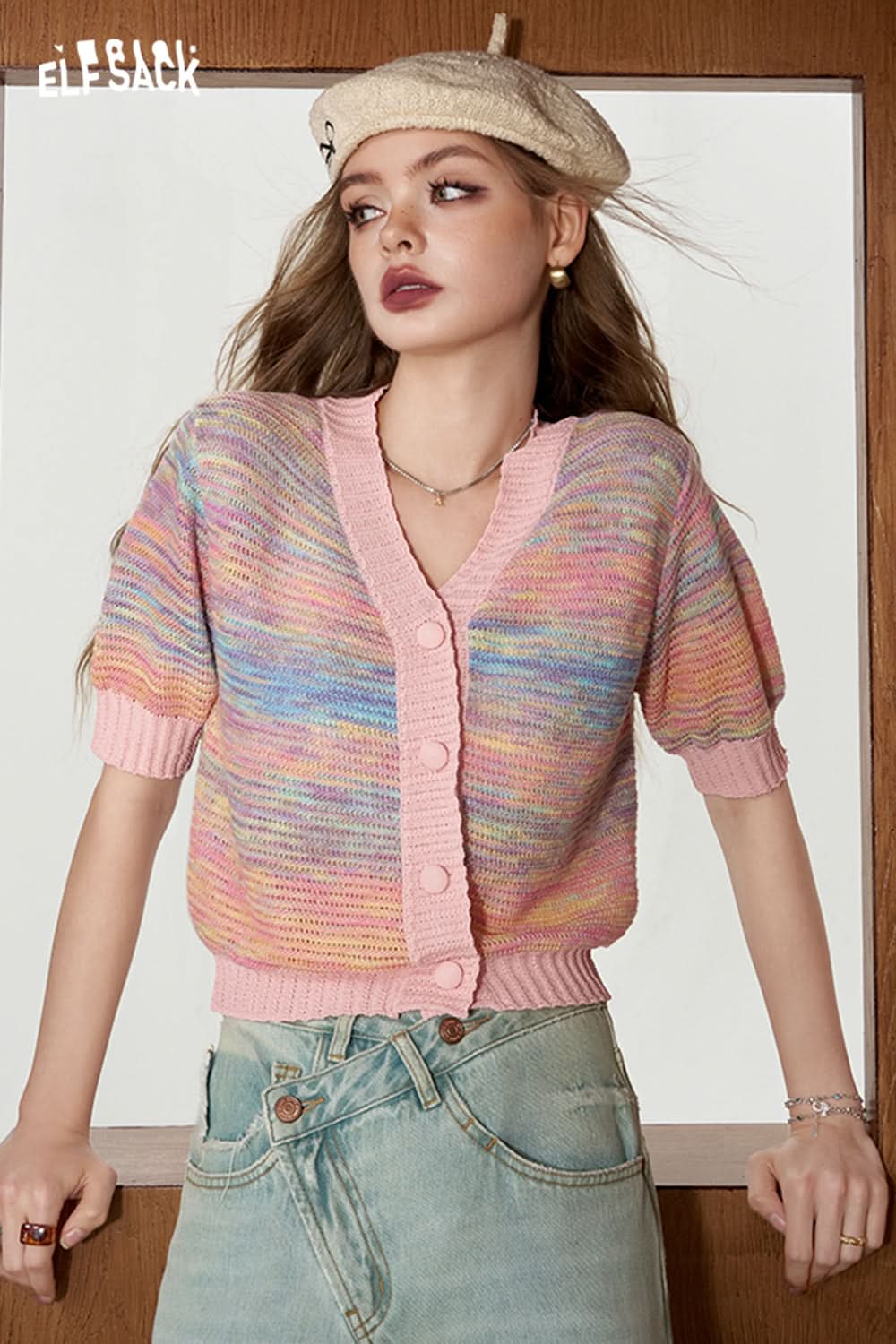 ELFSACK Gradient striped knitted sweater, V-neck cardigan, sweet