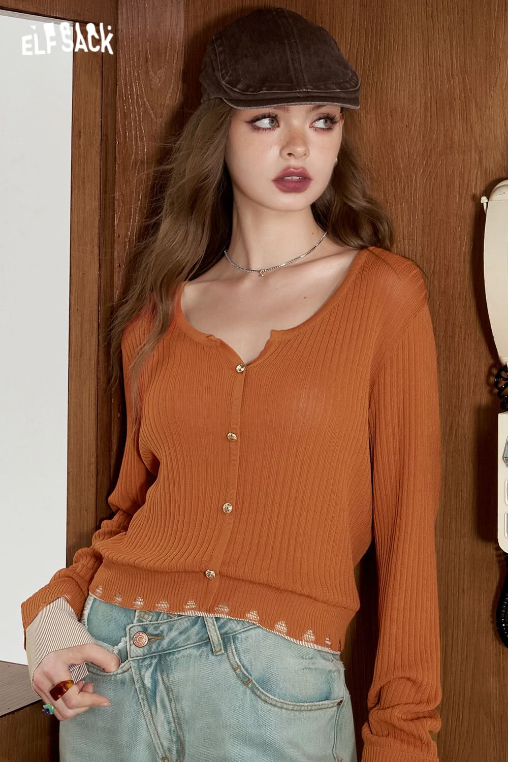 ELFSACK Striped shirt patchwork knit sweater fake two lightweight and slimming tops