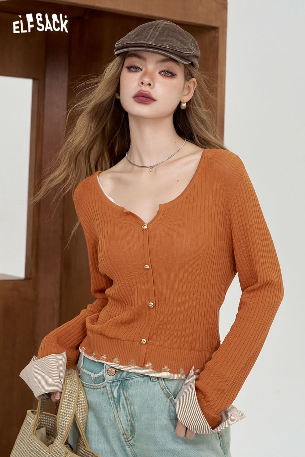 ELFSACK Striped shirt patchwork knit sweater fake two lightweight and slimming tops