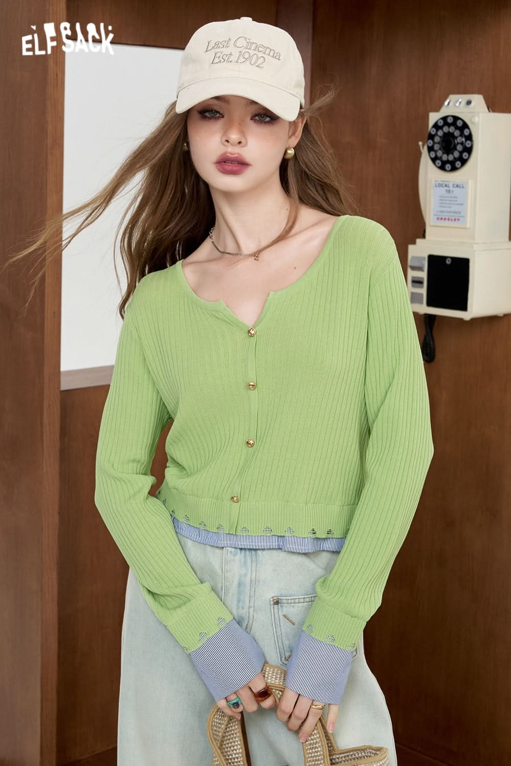 ELFSACK Striped shirt patchwork knit sweater fake two lightweight and slimming tops