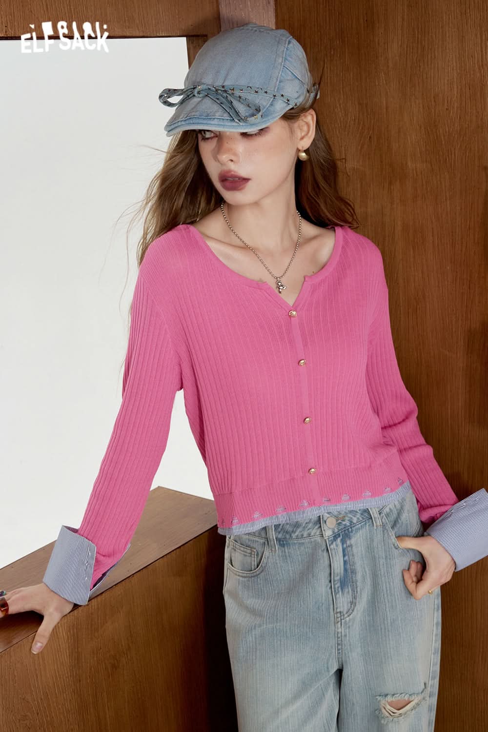 ELFSACK Striped shirt patchwork knit sweater fake two lightweight and slimming tops
