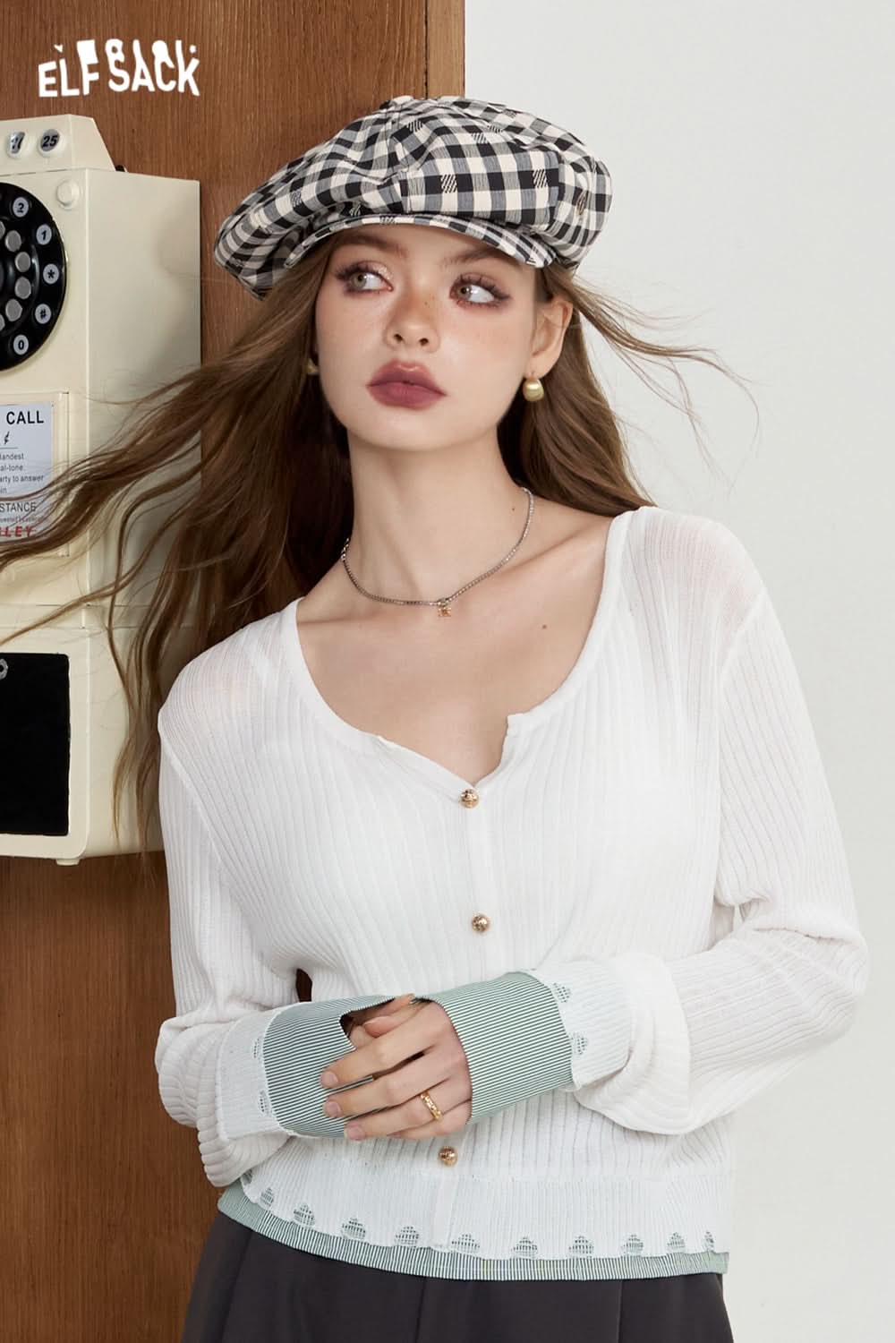 ELFSACK Striped shirt patchwork knit sweater fake two lightweight and slimming tops