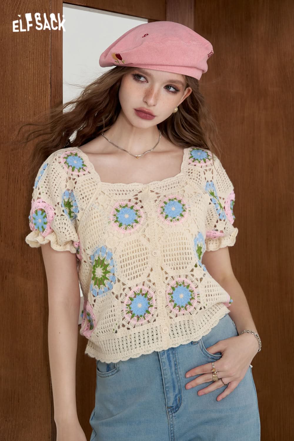 ELFSACK Hollow knit sweater Bubble sleeve sweet casual shirt