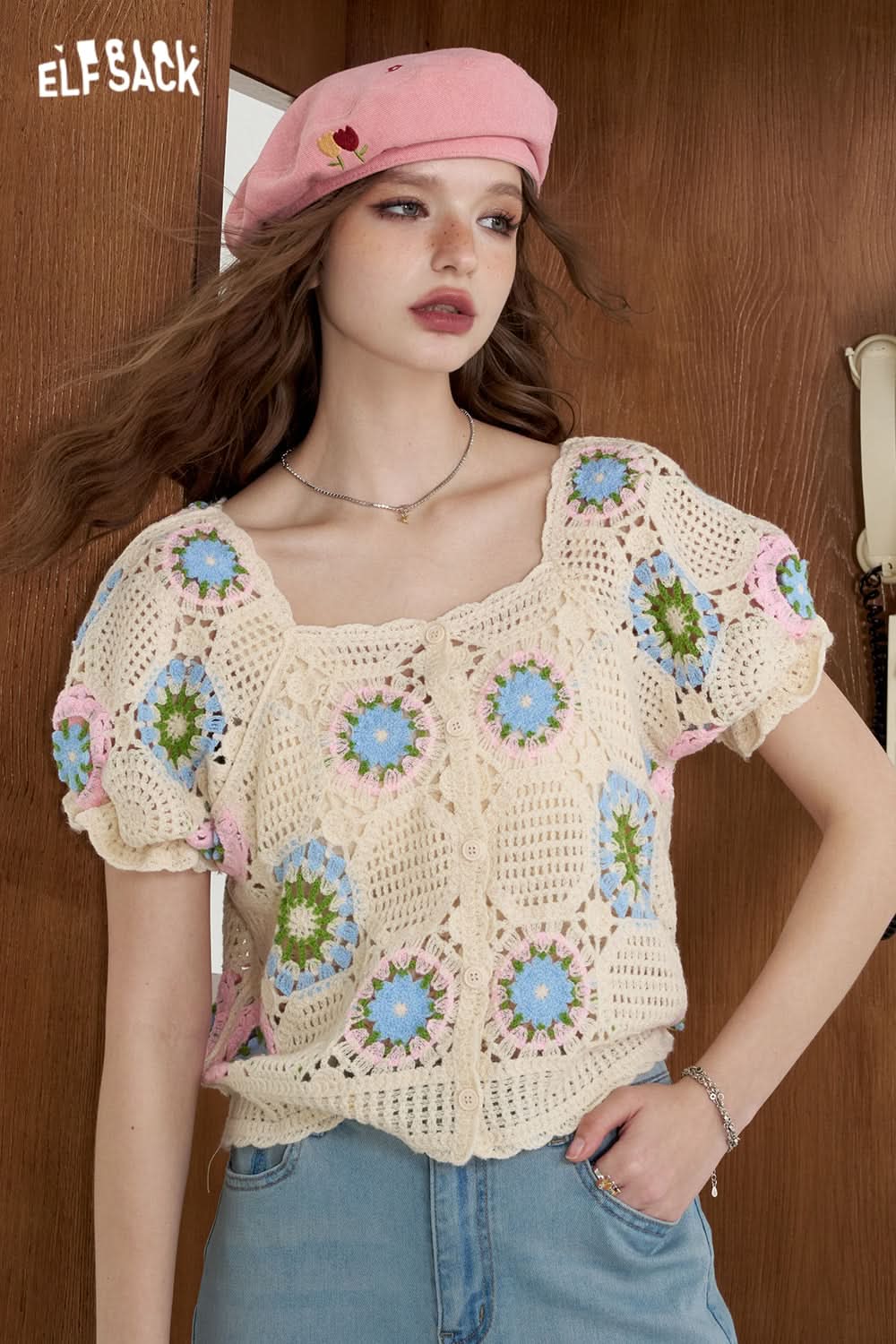 ELFSACK Hollow knit sweater Bubble sleeve sweet casual shirt