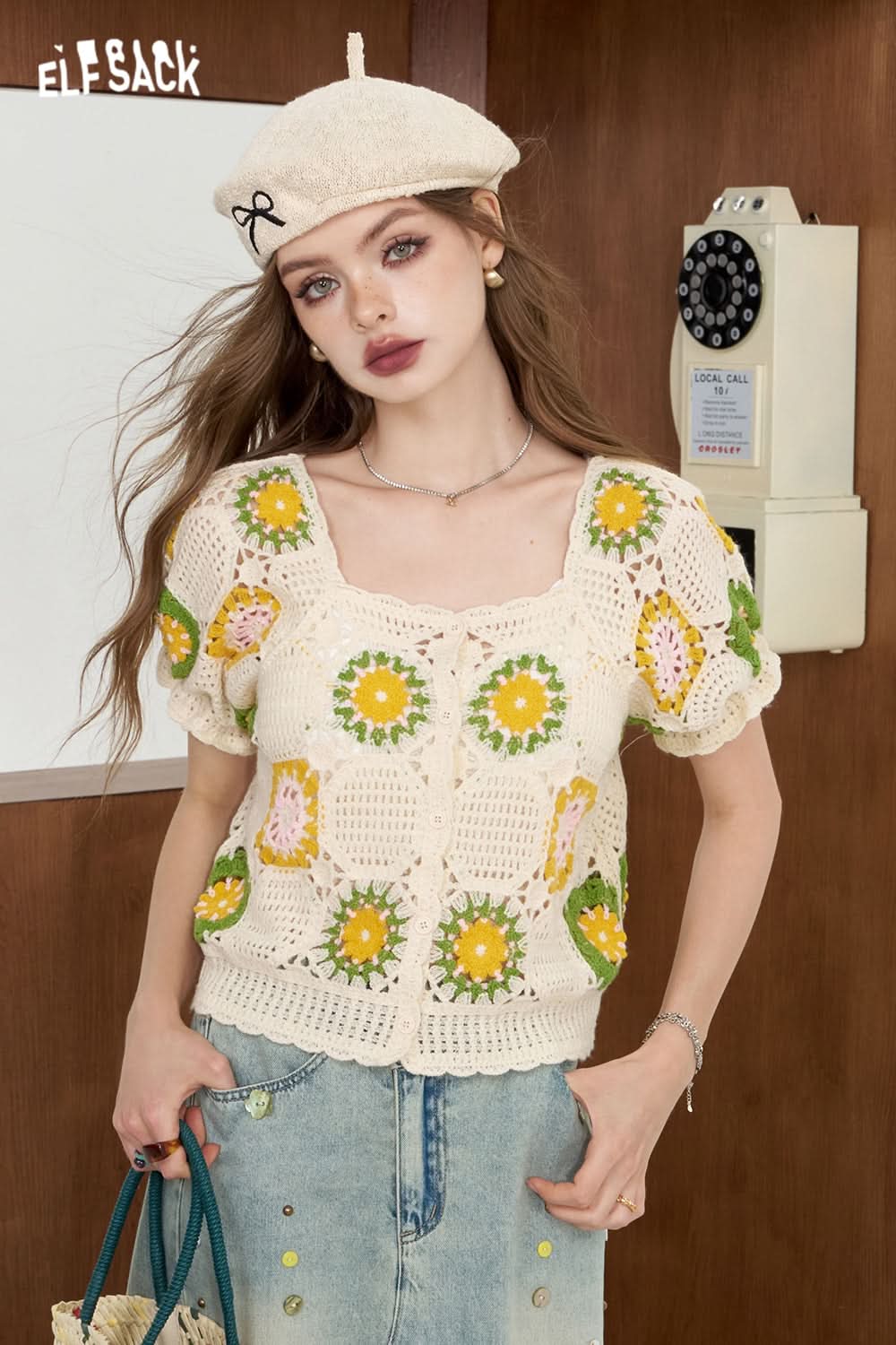 ELFSACK Hollow knit sweater Bubble sleeve sweet casual shirt