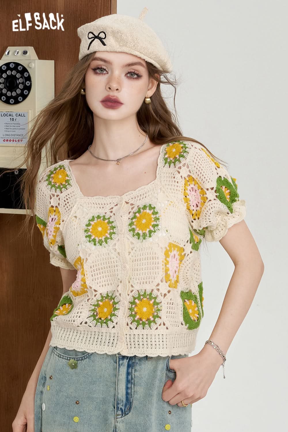 ELFSACK Hollow knit sweater Bubble sleeve sweet casual shirt