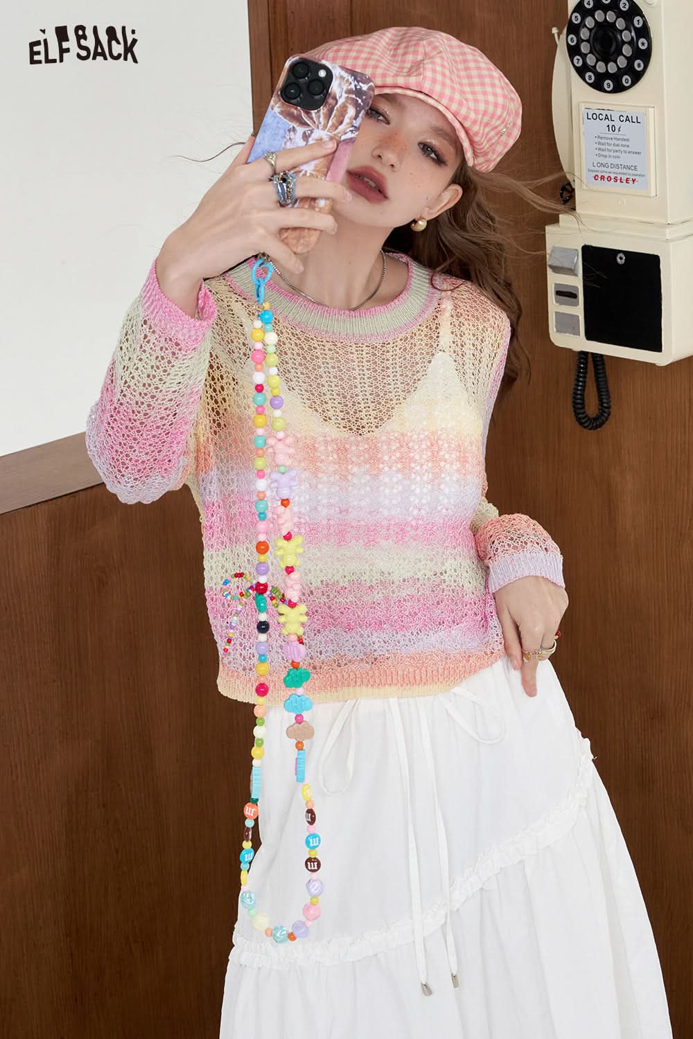 ELFSACK Rainbow hollow knitted sweater Loose top