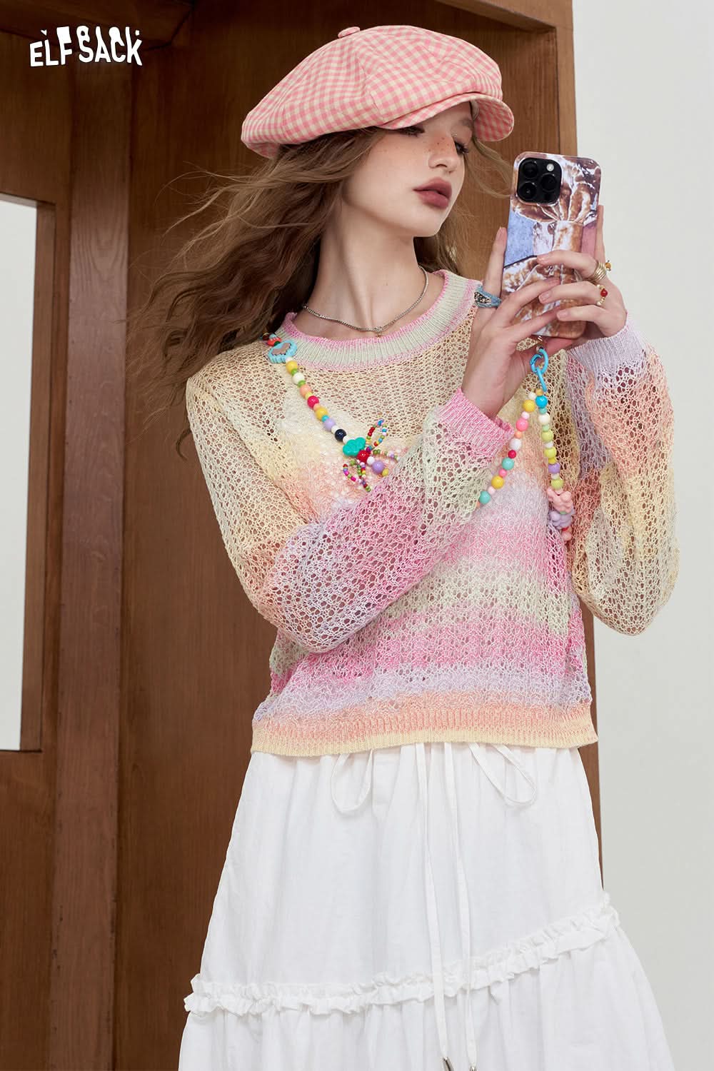ELFSACK Rainbow hollow knitted sweater Loose top