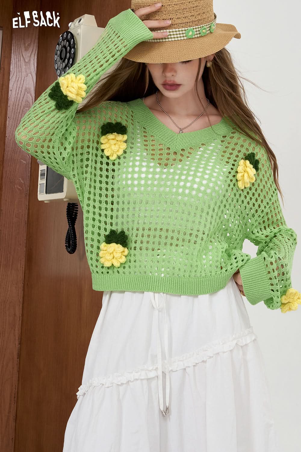 ELFSACK White Rainbow Hollow Knitted Shirt Lightweight cover up shirt