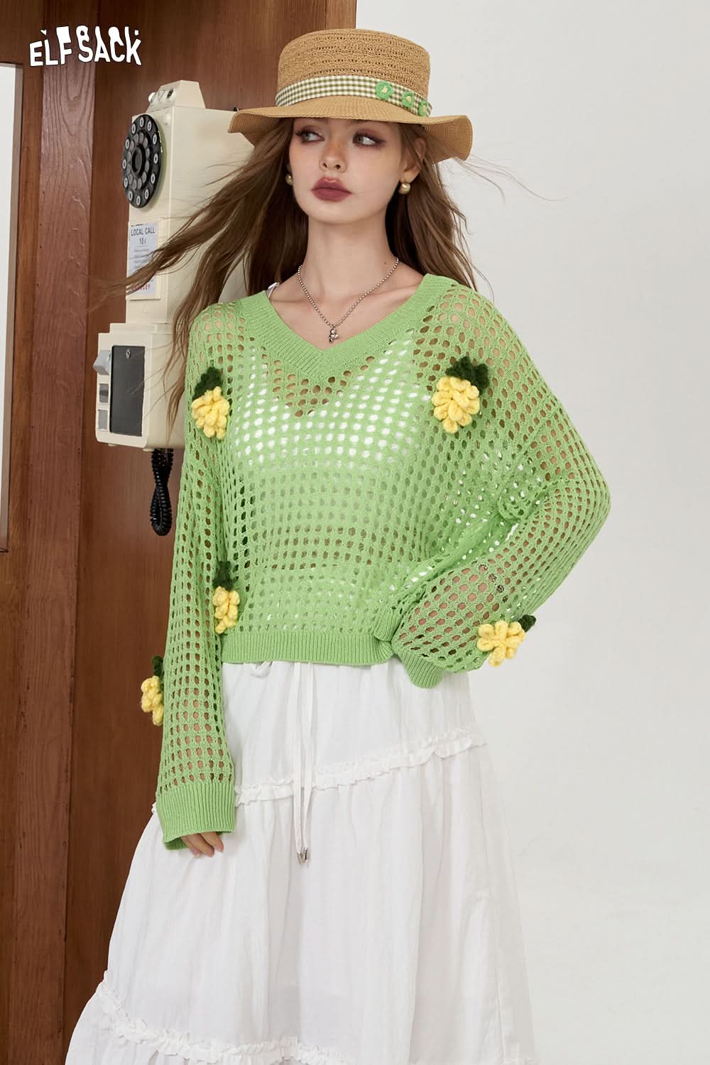 ELFSACK White Rainbow Hollow Knitted Shirt Lightweight cover up shirt