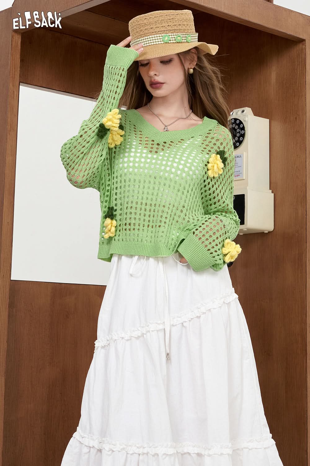 ELFSACK White Rainbow Hollow Knitted Shirt Lightweight cover up shirt