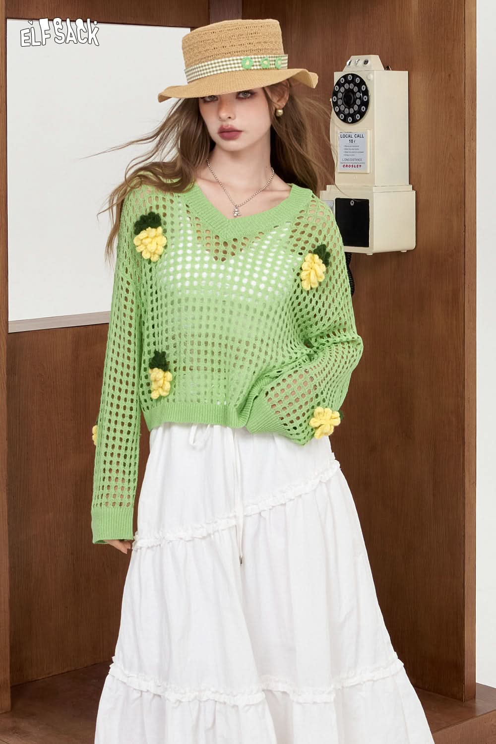 ELFSACK White Rainbow Hollow Knitted Shirt Lightweight cover up shirt